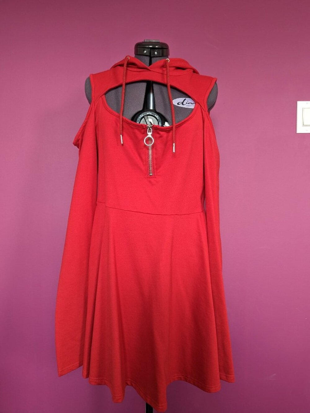 Cut Out Full Sleeve Cold Shoulder Hooded Flared Red Dress
